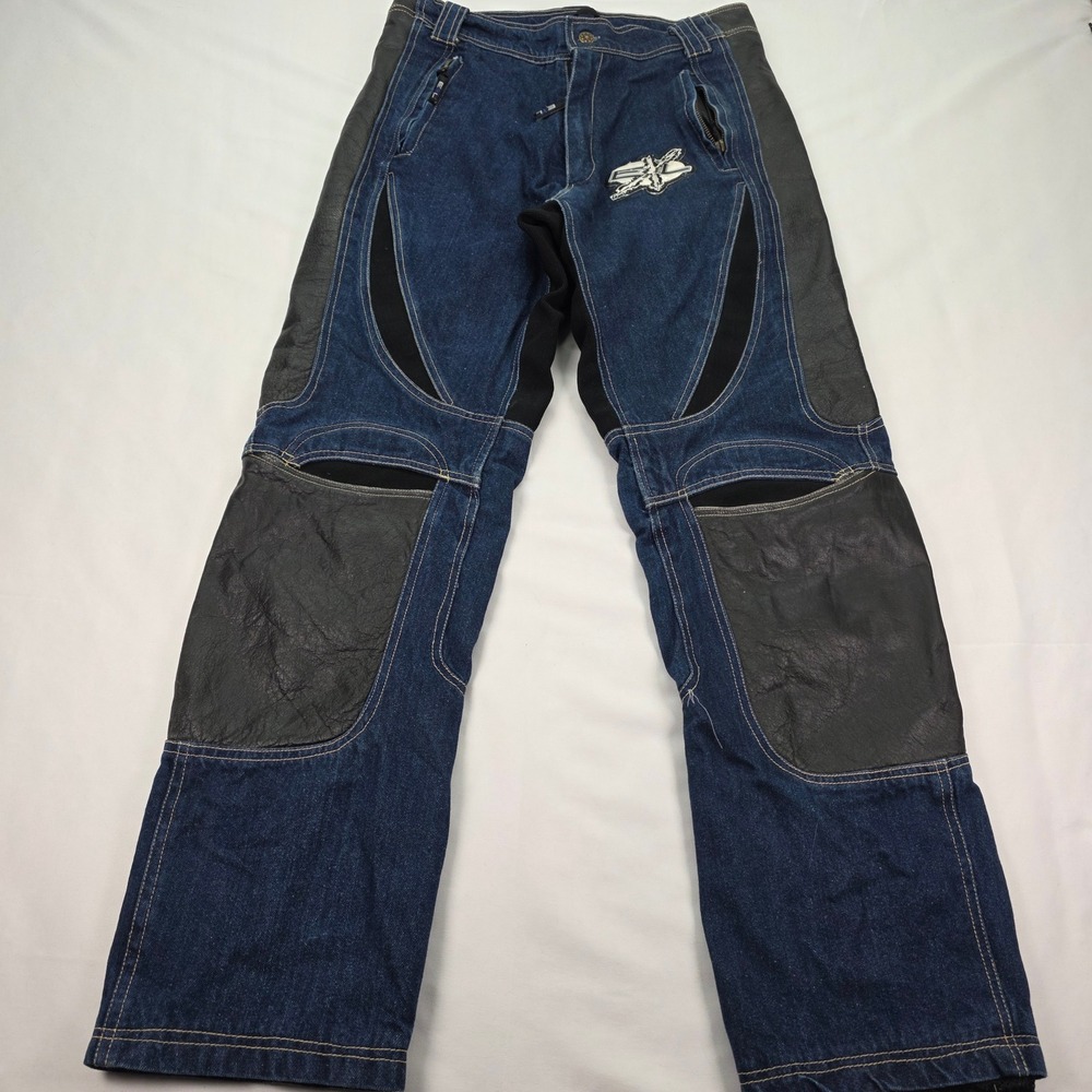 Exelement Vtg Motorcycle Jeans Blue Denim Black Leather Panel Riding Pants 32x30